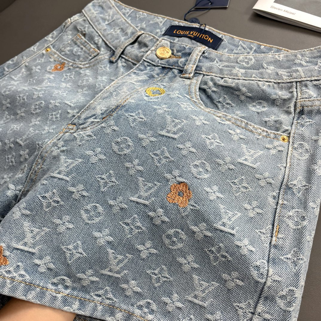 0528 Macaroon embroidered denim shorts