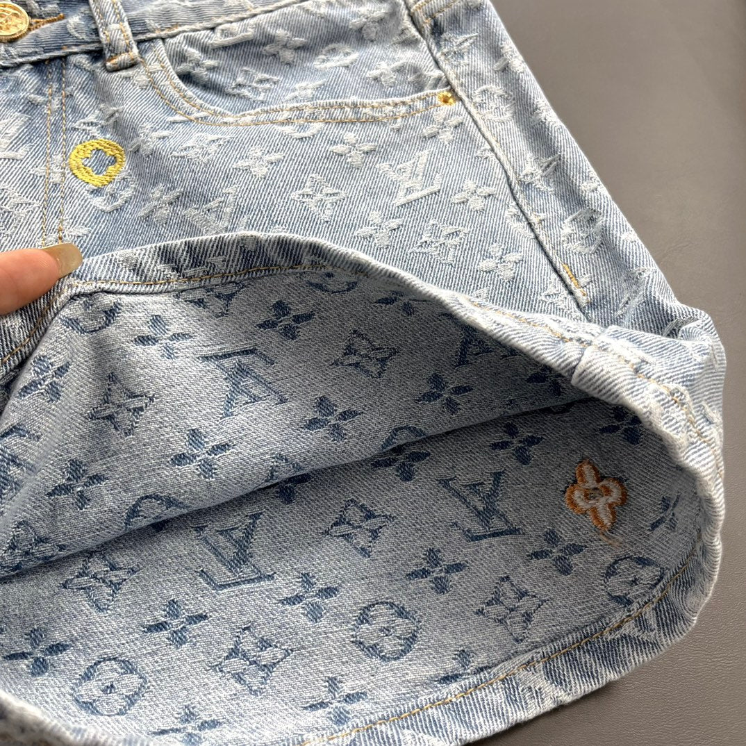 0528 Macaroon embroidered denim shorts
