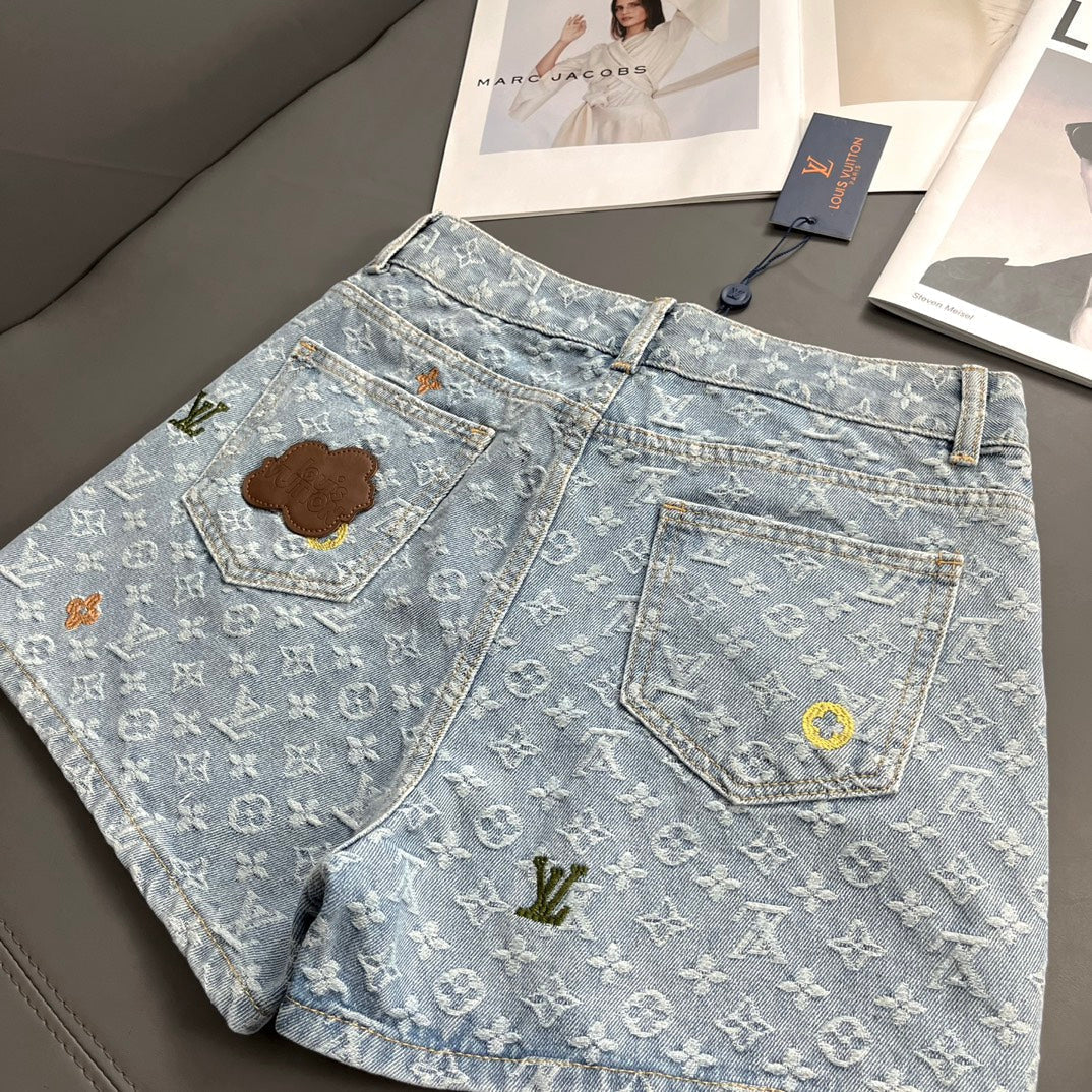 0528 Macaroon embroidered denim shorts
