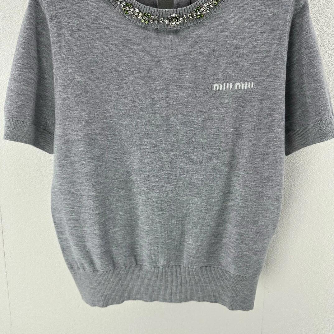 0528 Hand-beaded crew neck knitted short sleeves