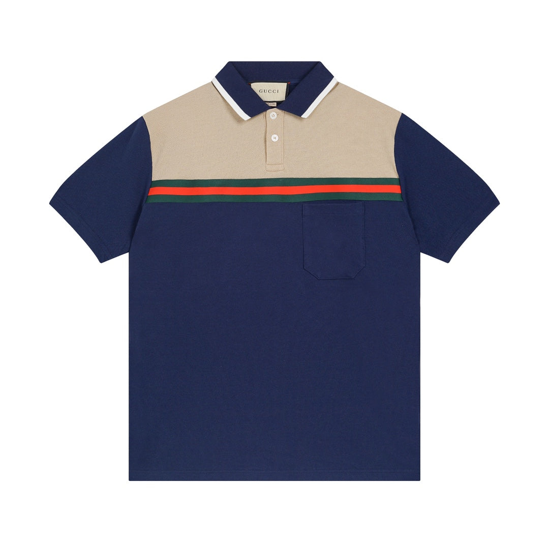 250313 New high quality tri-color woven with color contrast patchwork lapel polo