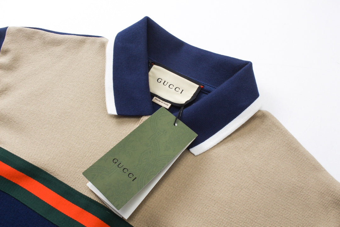 250313 New high quality tri-color woven with color contrast patchwork lapel polo