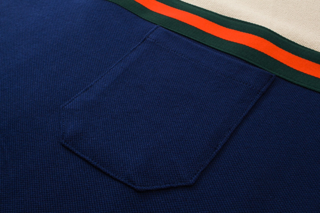 250313 New high quality tri-color woven with color contrast patchwork lapel polo