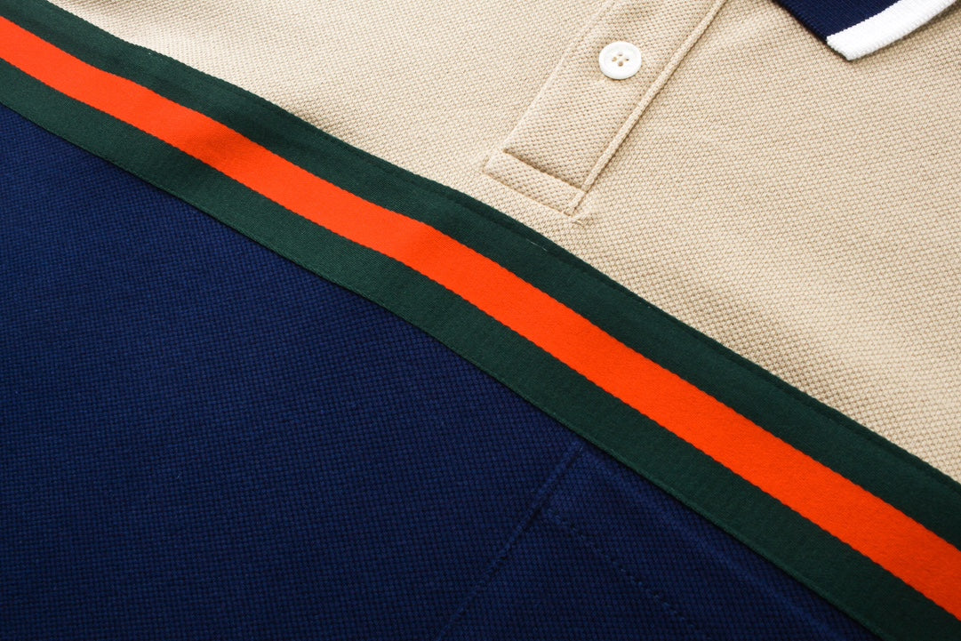 250313 New high quality tri-color woven with color contrast patchwork lapel polo