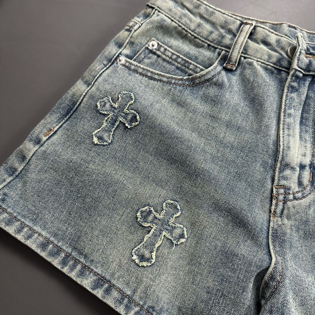 0528 Cross patch embroidered vintage denim shorts