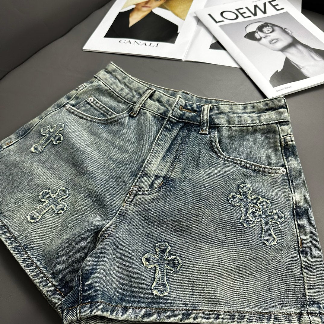 0528 Cross patch embroidered vintage denim shorts