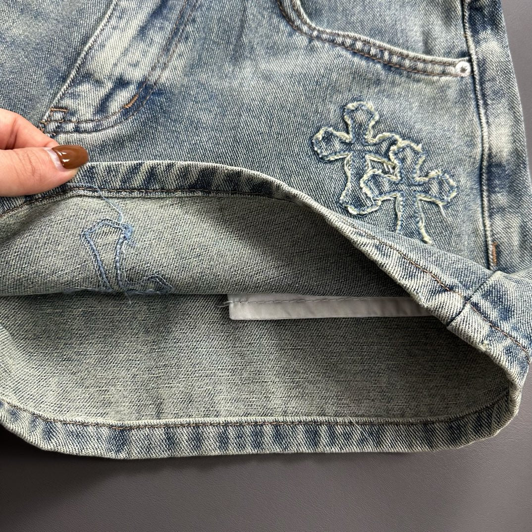 0528 Cross patch embroidered vintage denim shorts