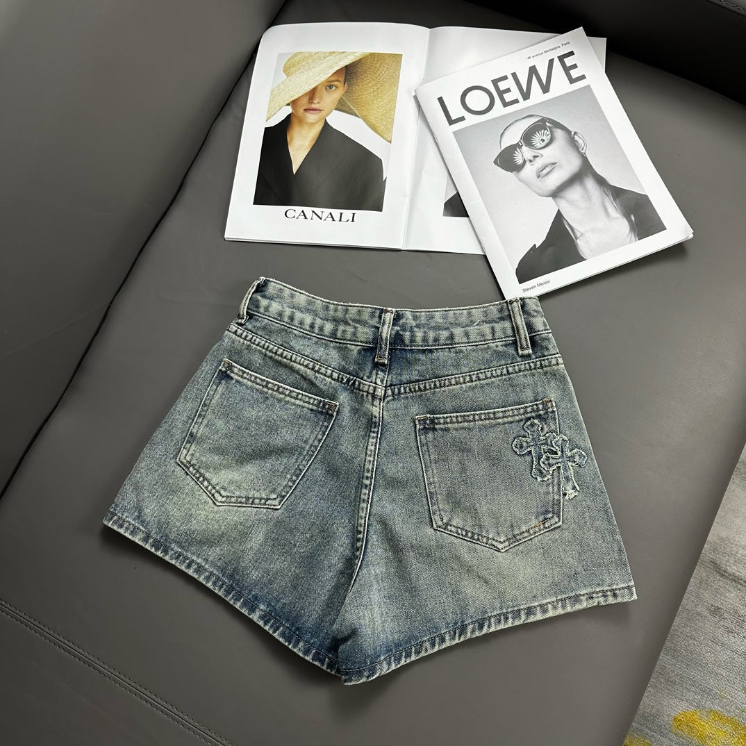 0528 Cross patch embroidered vintage denim shorts