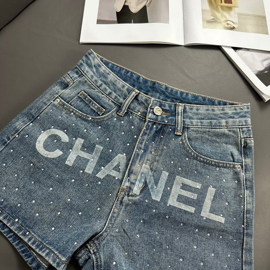 0528 Rhinestone Lettering Denim Shorts