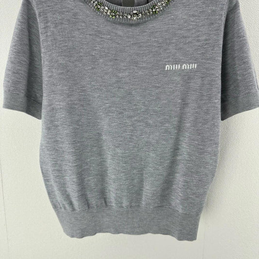 0528 Hand-beaded crew neck knitted short sleeves