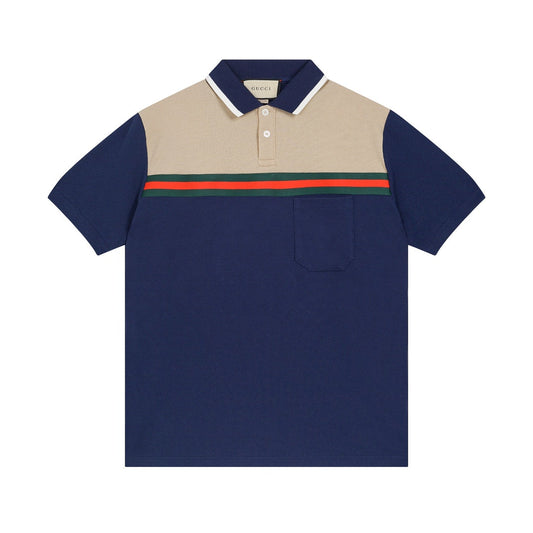 250313 New high quality tri-color woven with color contrast patchwork lapel polo