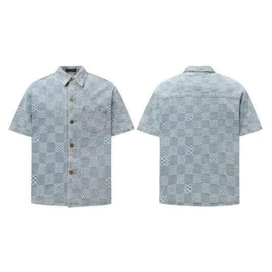 250520 New limited edition checkered patchwork washed blue denim short-sleeved shirt